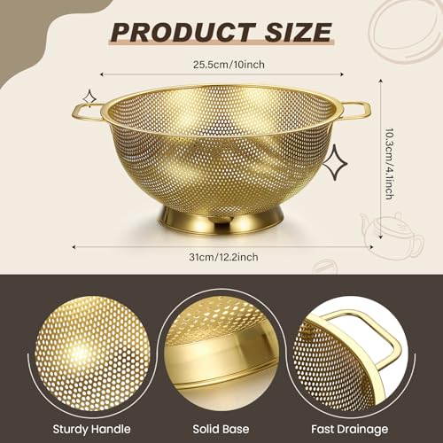 Norme 4 Quart Stainless Steel Gold Colander and 3 Pcs Gold Fine Mesh Strainer, Stainless Steel Pasta Rice Food Metal Strainer with Handles, Easy Clean and Dishwasher Safe - color: Gold, size: 4 Quart