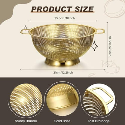 Norme 4 Quart Stainless Steel Gold Colander and 3 Pcs Gold Fine Mesh Strainer, Stainless Steel Pasta Rice Food Metal Strainer with Handles, Easy Clean and Dishwasher Safe - color: Gold, size: 4 Quart