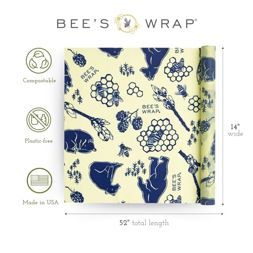 Bee's Wrap Beeswax Wraps for Food - Cut to Size 14x52" Beeswax Wrap Roll - Plastic Free Made in USA Reusable Natural Food Wrap - Bees & Bears - style: Bees + Bears
