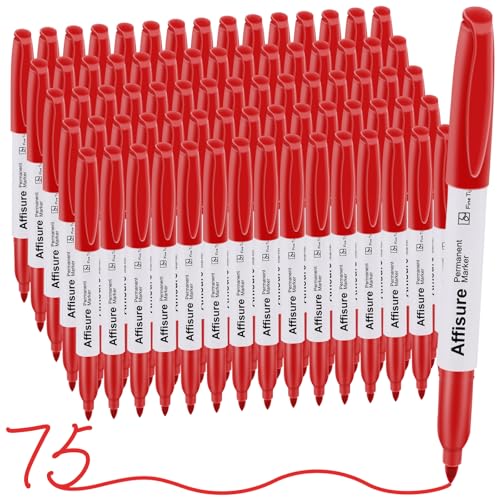 Red Permanent Markers Bulk, 75 Count, Quick Drying and Fade Resistant, Fine Point Marker works on Paper, Plastic, Metal, Wood, Perfect for Classroom, Home, Office - size: 1 Count (Pack of 75)