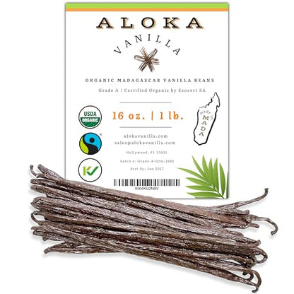 16oz (1 Pound) Count Organic Madagascar Vanilla Beans – Grade A Bourbon Pods | Gourmet Whole Vanilla Beans for Baking, Cooking, Extract Making | Rich Aroma, Premium Flavor, Non-GMO, Vegan - size: 16 Ounces (Pack of 1)