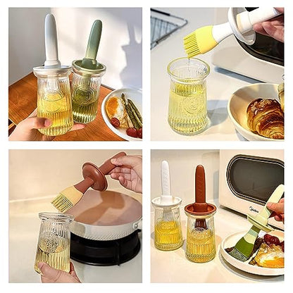 Oil Dispenser with Brush - Glass Olive Oil Dispenser for Kitchen, 3 IN 1 Oil Dispenser Bottle with Silicone Basting Brush for Cooking Vinegar Sauce BBQ Grill Frying (Brown) - color: Brown, style: 1 Pack