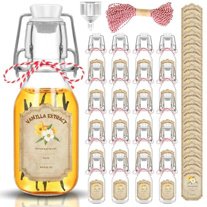 20 Pack Swing Top Glass Vanilla Extract Bottles 4 oz with Lids, Funnel and Vanilla Extract Labels, Boston Vanilla Bottles for Syrup Gift, Flip Top Glass Jars - color: 20PC 4oz Round Bottle