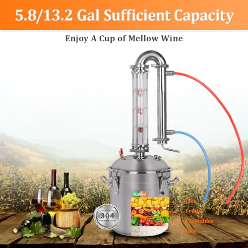 YUEWO Alcohol Still 5.8GAL/13.2GAL Stainless Steel Alcohol Distiller Home Brewing Distillery Kit with 2” Crystal Still Column for DIY Whisky Wine Brandy Gin Vodka Alcohol Making - size: CT02-13.2GAL/50L