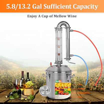 YUEWO Alcohol Still 5.8GAL/13.2GAL Stainless Steel Alcohol Distiller Home Brewing Distillery Kit with 2” Crystal Still Column for DIY Whisky Wine Brandy Gin Vodka Alcohol Making - size: CT02-13.2GAL/50L