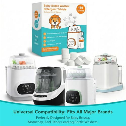 180PCS Bottle Washer Tablets, Plant-Based Detergent Tablets Compatible with Baby Brezza, Momcozy, Grownsy, Papablic and All Baby Bottle Washers, Removes Milk Residue & Odor from Bottles & Pump Parts