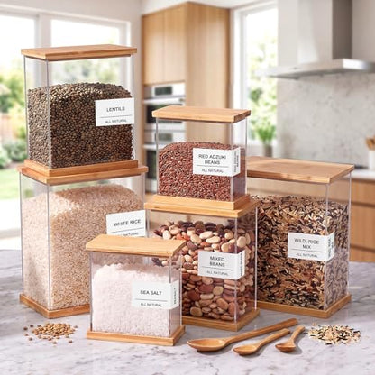 6 Pack Acrylic Pantry Storage Containers with Bamboo Lid Airtight Food Cereal Containers Storage 100oz, 54oz, 27oz with 144 Pantry Labels and Spoon for Flour Sugar, Cereal, Spice - size: 100oz,54oz,27oz