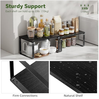 Simple Trending Cabinet Organizer Shelf, Set of 2 Stackable Kitchen Counter Shelves, Expandable Spice Rack Kitchen Storage Riser, Metal Engineered Wood, Black - color: Black
