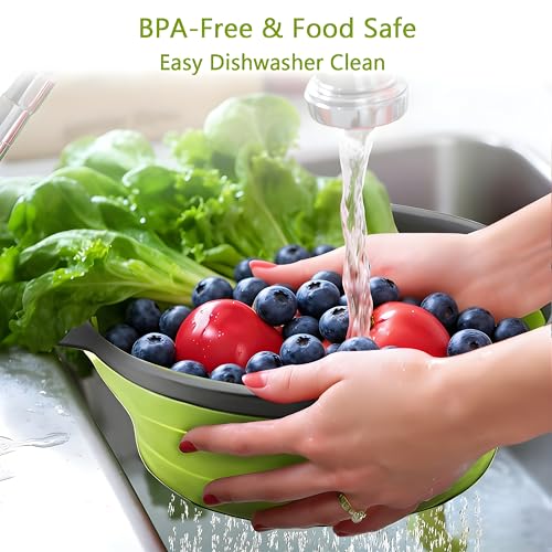UVB Collapsible Colander Set, Space-Saving Foldable Kitchen Strainer for Pasta, Vegetables & Fruit, Colander for Kitchen with 2 Stainless Steel Hooks & 1 Silicone Funnel – Green - color: Green