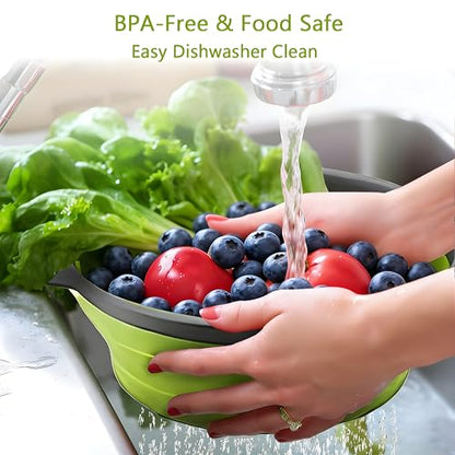 UVB Collapsible Colander Set, Space-Saving Foldable Kitchen Strainer for Pasta, Vegetables & Fruit, Colander for Kitchen with 2 Stainless Steel Hooks & 1 Silicone Funnel – Green - color: Green