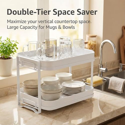 2-Tier Cup Drying Rack with Removable Drainboard, Rust-Proof Iron Mug Organizer, Multi-Purpose Bottle Drying Stand for Baby Bottles, Fruits, Vegetables, Countertop Space Saver, White