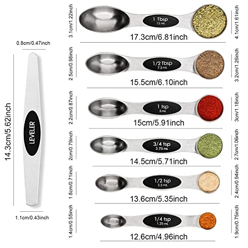 Magnetic Measuring Spoons Set Stainless Steel with Leveler, Stackable Metal Tablespoon Measure Spoon for Baking, Cups and Spoon Set Kitchen Gadgets Apartment Essentials Fits in Spice Jars - color: Silver