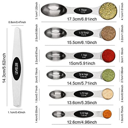 Magnetic Measuring Spoons Set Stainless Steel with Leveler, Stackable Metal Tablespoon Measure Spoon for Baking, Cups and Spoon Set Kitchen Gadgets Apartment Essentials Fits in Spice Jars - color: Silver
