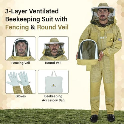 3-Layer Ultra Ventilated Mesh Beekeeping Suit for Men & Women with Veil Sting-Proof Bee Suit with Leather Gloves & Bag - color: Brown, size: Large