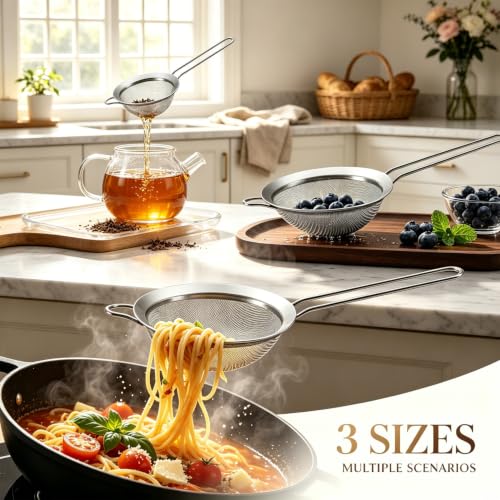 Fine Mesh Strainer Set of 3 - Stainless Steel Sieve with Handles for Kitchen, Multipurpose Metal Wire Strainers for Flour, Rice, Quinoa, Pasta, Tea, Noodles & Food (2.8", 4.7", 7")