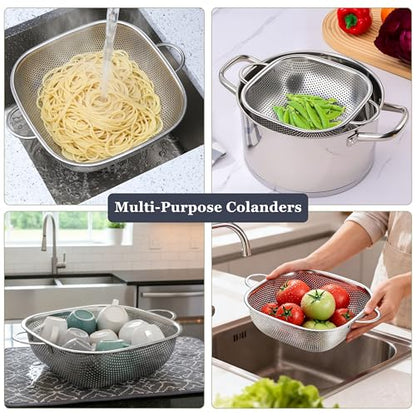 E-far 3 Pack Colander for Kitchen, Square Stainless Steel Metal Strainer Colander with Handle for Draining Food Pasta Vegetable, Micro-Perforated & Elevated Feet, Dishwasher Safe(2.4/4/6QT) - size: 2.4/4/6QT