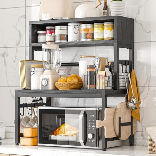 EnHomee 4-Tier Microwave Stand for Kitchen Storage, Black | 205 lb Capacity, Adjustable Kitchen Shelves with 9 Hooks & Cutting Board Rack - color: Black