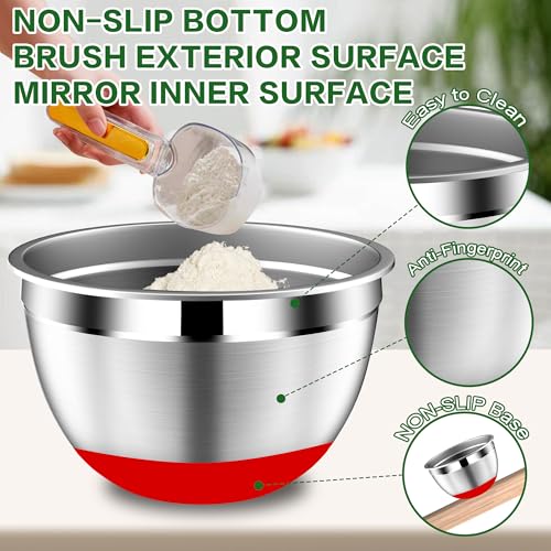 DUTZUN Mixing Bowls with Lids Set - 16pcs Stainless Steel Mixing Bowl Set with Colander, 3 Grater Attachments, Non-Slip Bottom, Metal Nesting Bowls with Strainer for Mixing & Serving - Multicolor - style: 16PCS Multicolor W Nonslip Silicone