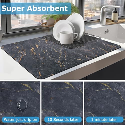 Dish Drying Mat Coffee Bar Mat for Kitchen Counter, Absorbent Dish Rack Pad Hide Stain with Non-slip Rubber Backed Coffee Accessories Fit Under Espresso Machine Maker Black Marble 22.83"x14.96"