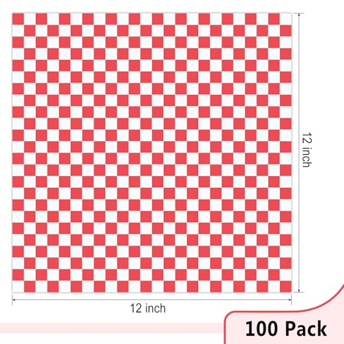 EcoDispose 12 x 12 Inches Grease Proof Deli Paper Precut Sheets for Deli Food, BBQ, Picnic, Party (100 Pcs, Red&White Checker) - size: Red Checker 12"x12"