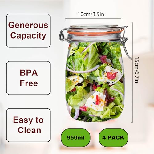 32 oz Wide Mouth Mason Jars,4 Pack Glass Pickling Jars with Airtight Lids,Air Tight Glass Storage Container for Canning,Pickling,Fermenting - color: 32OZ