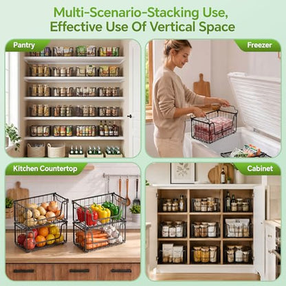 MSERCUOR 4 Pack Foldable Wire Basket for Pantry Organizers and Storage, Stackable Vegetable Fruit Basket for Kitchen Counter, Black Potato and Onion Storage Bin