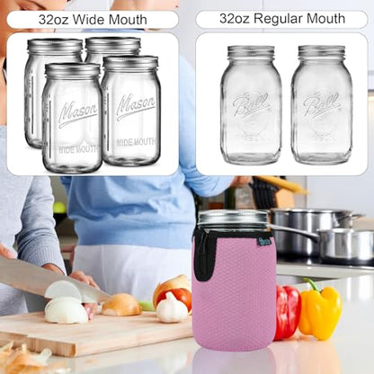 Beautyflier Wide Mouth Mason Jars 32oz Insulators, Regular Mouth 32-Ounces Mason Jar Insulated Cozy Neoprene Canning Cover, Quart Mason Jars Wide Mouth Sleeve Cover (32oz,4Color) - color: 32oz,4Color