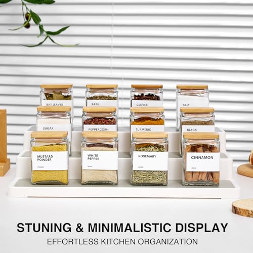 Glass Spice Jars with Bamboo Lid, 4oz Square Spice Containers for Pantry Organization, Seasoning Bottles with Labels, Spoons, Funnel for Salt Sugar - color: White