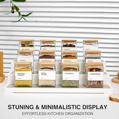 Glass Spice Jars with Bamboo Lid, 4oz Square Spice Containers for Pantry Organization, Seasoning Bottles with Labels, Spoons, Funnel for Salt Sugar - color: White