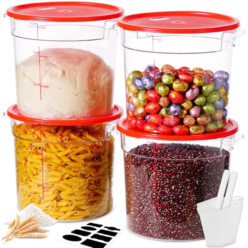 6QT NSF Round Food Storage Containers with Lids: 4 PCS [Total Food Grade][Hot&Cold Resistant] Dough Proofing Container for Pizza, Bread with Measuring Spoons Included(BPA FREE) (RED) - color: K5-6QT-4PCS-ROUND-RED