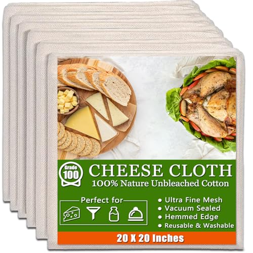 6 Pcs Cheese Cloths, 20x20 Inch, 100% Unbleached Cotton, Grade 100 Reusable Cheese Cloth With Fabric Fine Mesh Cloth, Reusable Muslin Cheesecloth for Straining, Juicing, Cooking, Baking - color: 6 Pcs