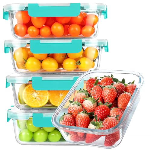KOMUEE 30 oz 5 Pack Glass Meal Prep Containers, Glass Storage Containers with Lids - Dishwahser, Microwave, Oven and Freezer Safe, Green - color: Green