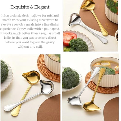 2-Pack Gravy Spoon Small Ladle for Sauce/Gravy / .1 Ounce mini Stainless Steel Ladle with Pouring Spout Gravy Drizzle Spoon. (Gold & silver)