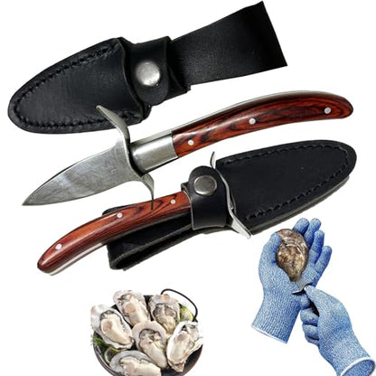 Oyster Shucker, Oyster Shucking Knife for Oyster Clam Pearl Shell Shucking, 2 Set Oyster Shucking Tool Kit, 2 Stainless Steel Oyster Knifes with Wooden Handle 2 Pairs Oyster Shucking Gloves