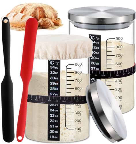 Potchen 2 Set Sourdough Bread Starter Kit 34oz Sourdough Starter Kit with Thermometer Scraper Cloth Cover and Lid Wide Mouth Sourough Bread Baking Supplies(Retro Style,Silver)
