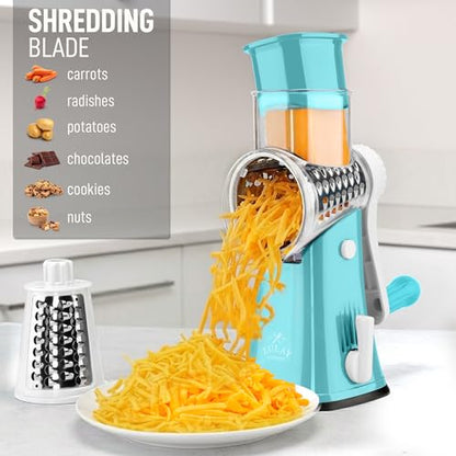 Zulay Kitchen Rotary Cheese Grater 5 Blade Cheese Shredder - Manual Hand Crank Cheese Grater With Reinforced Suction & 5 Interchangeable Drums - Easy to Use, Vegetable Chopper Round Mandoline Slicer - color: White and Light Blue