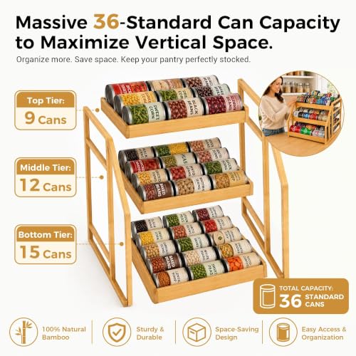 MinBoo 3-Tier Bamboo Can Organizer for Pantry - Holds 36 Cans (9/12/15) - Stackable Canned Food Dispenser with Adjustable Dividers - Gravity-Fed Rolling Storage Rack for Kitchen Cabinets