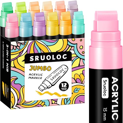 SRUOLOC 12 Pastel Colors Jumbo Markers, 15mm Jumbo Felt Tip, Acrylic Paint Markers for Rock Painting, Poster, Stone, Ceramic, Glass, Wood, Canvas - color: Pastel