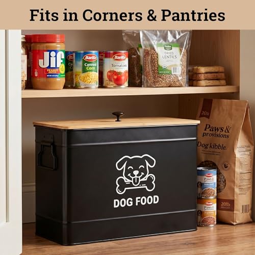 Dog Food Container Airtight 15 lb (50 Cup) Capacity with Metal Scoop - Cute Airtight Dog Food Storage Container with Bamboo Lid - Black Metal Kibble Storage Bin for Dogs up to 100 lbs - Big Pet Jar - color: Black