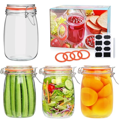 32 oz Wide Mouth Mason Jars with Airtight Hinged Lids, Large Glass Jar with Lid for Pickling, Fermentation, Canning, Food Storage – Set of 4 Glass Storage Containers