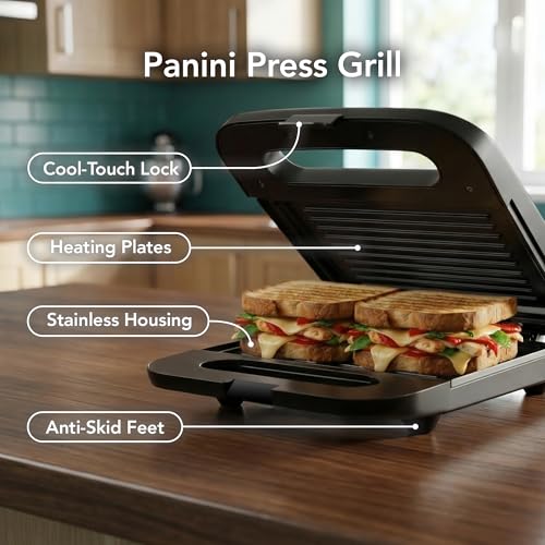 OVENTE Electric Panini Press Grill with Nonstick Plates, LED Indicator Lights, Thermostat Control, Cool Touch Handle, Compact Sandwich Maker Perfect for Cooking Breakfast, Snacks & More, Black GP0401B - color: GP0401B