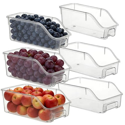 6 Packs Clear Freezer Organizers and Storage Bins with Handle, Stackable Storage Bins Open Front Pantry Bins for Storage and Organization for Bathroom Kitchen Refrigerator Pantry