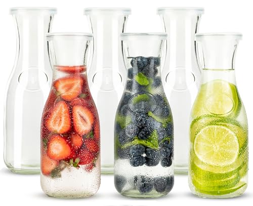 Glass Carafe Pitchers, by Kook, Mini Carafes- set of 6, Beverage Dispensers, Clear Jugs For Mimosas, Water, Wine, Milk and Juice, with Plastic Lids, Dishwasher Safe 17.3 oz - color: Set of 6, 17 oz (Mini)