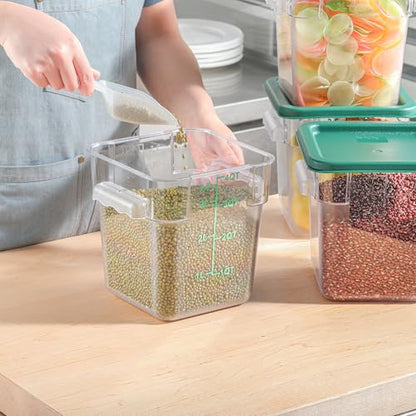 EGGKITPO 4 Pack 4 QT Food Storage Containers with Green Lids Hot Cold Resistant Stackable Square Commercial Container Set with Handle, Clear Scarle Home Party Business BPA-Free Polycarbonate - color: Green Lids, size: 4.0 QT