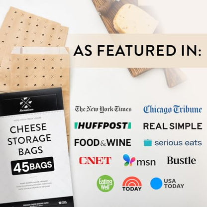 Formaticum - 45-Pack Cheese Storage Bags - 6.25 x 11 Wax Paper Bags to Keep Cheese or Charcuterie Fresh - Professional Grade Cheese Paper for Wrapping Cheese - Porous Brown Paper Bags From France