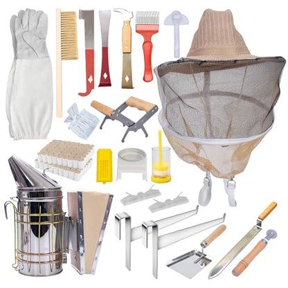 Beehive Starter Kit 10-Frame Bee Boxes and Frames Starter Kit Wax Coated Bee Hives and Supplies Starter Kit Including Beekeeping Tools Kit with Beekeeping Veil - size: 10 Frames