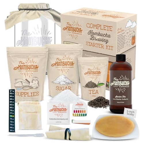 Kombucha Home Brewing Starter Kit | 5-Inch Large Scoby | Complete Kit with 16 oz Starter Tea, Brewing Jar & Supplies | Brew Unlimited Kombucha
