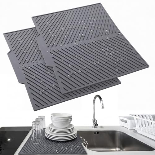 2 Pack Silicone Dish Drying Mats for Kitchen Counter Self Draining Drying Mat 20 x 16.7 Inch Easy to Clean High-temperature Resistant Silicone Pads for Countertop Sink Multi-use(Gray) - color: Gray, size: 20 X 16.7 Inch