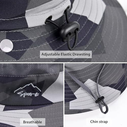 Sun Hats for Men Women Fishing Hat UPF 50+ Breathable Wide Brim Summer UV Protection Hat - color: Camo Dark Grey(with Face Cover & Neck Flap )