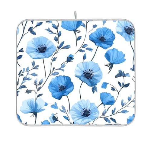 Blue Poppy Flowers and Branches Dish Drying Mat for Kitchen Counter Drainer Rack Mats for Dishes Washable Absorbent Draining Heat Resistant Pad for Countertop 16 x 18 - color: Blue Poppy Flowers and Branches, size: 16'' x 18''